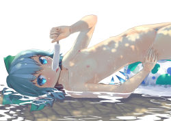 Rule 34 | 1girl, arm support, blue eyes, blue hair, blush, bow, cirno, colored pubic hair, culter, dappled sunlight, eyelashes, female pubic hair, flat chest, food, green bow, hair bow, hand on own hip, ice, ice wings, licking lips, looking at viewer, lying, matching hair/eyes, navel, nipples, nude, on back, partially submerged, popsicle, pubic hair, shade, short hair, sideways, solo, sunlight, tongue, tongue out, touhou, water, wet, wings
