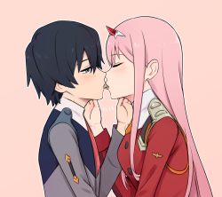 Rule 34 | 10s, 1boy, 1girl, black hair, blue eyes, blush, candy, closed eyes, commentary request, couple, darling in the franxx, face-to-face, facing another, food, food in mouth, french kiss, from side, hair ornament, hairband, hand on another&#039;s neck, hetero, highres, hiro (darling in the franxx), horns, k 016002, kiss, long hair, long sleeves, looking at another, military, military uniform, necktie, oni horns, orange neckwear, pink hair, red horns, red neckwear, sharing food, short hair, tongue, tongue out, uniform, white hairband, zero two (darling in the franxx)