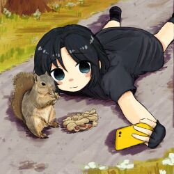Rule 34 | 1girl, animal, black gloves, black hair, black shirt, blue eyes, bubbacterial, cellphone, character request, check copyright, copyright request, day, fingerless gloves, flower, gloves, grass, highres, holding, holding phone, lying, on ground, on stomach, original, outdoors, peanut, phone, selfie, shirt, short hair, smartphone, squiggle, squirrel, tree, white flower