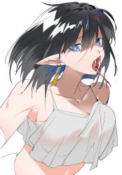 Rule 34 | 1girl, arknights, bare arms, bare shoulders, black hair, blue eyes, breasts, camisole, chinese commentary, cleavage, collarbone, commentary request, crop top, earrings, eunectes (arknights), eunectes (forgemaster) (arknights), fangs, forked tongue, highres, jewelry, large breasts, ling s, looking at viewer, monster girl, pointy ears, short hair, simple background, solo, spaghetti strap, tongue, upper body, white background, white camisole