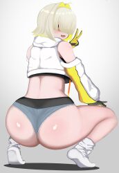 Rule 34 | 1girl, absurdres, ahoge, artist request, ass, blonde hair, blush, booty shorts, breasts, detached sleeves, elegg (nikke), fang, from behind, gloves, goddess of victory: nikke, hair intakes, hair over eyes, highres, huge ass, large breasts, looking at viewer, looking back, open mouth, purple eyes, short hair, short shorts, shorts, sideboob, smile, socks, solo, squatting, thick thighs, thighs, v