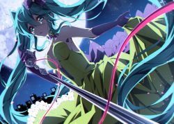 Rule 34 | 1girl, absurdres, aosaki yato, aqua eyes, aqua hair, backless dress, backless outfit, bow, commentary, cowboy shot, dress, dutch angle, elbow gloves, foreshortening, frilled skirt, frills, from below, full moon, gloves, green dress, hair bow, hatsune miku, highres, holding, holding microphone, kochira koufuku anshin iinkai desu (vocaloid), long hair, looking at viewer, microphone, microphone stand, moon, night, night sky, open mouth, purple bow, purple gloves, siren (mythology), skirt, skirt hold, sky, solo, twintails, very long hair, vocaloid