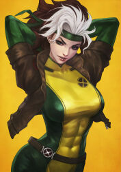 Rule 34 | 1girl, absurdres, arms behind head, belt, bodysuit, breasts, brown belt, brown hair, brown jacket, commentary, covered abs, covered navel, english commentary, green bodysuit, green eyes, green headband, headband, highres, jacket, large breasts, lips, long hair, looking at viewer, marvel, monori rogue, multicolored hair, open clothes, open jacket, parted lips, pink lips, rogue (x-men), simple background, smile, solo, two-tone bodysuit, two-tone hair, white hair, x-men, x-men: the animated series, yellow background, yellow bodysuit
