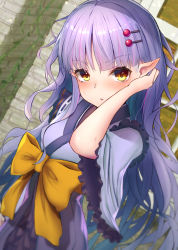 Rule 34 | 1girl, :o, arm behind head, blush, bow, breasts, dutch angle, frown, hair ornament, hand up, headwear request, highres, japanese clothes, kimono, kyoka (princess connect!), long hair, mizuha (pixiv56938668), obi, pointy ears, princess connect!, purple hair, purple kimono, sash, short sleeves, small breasts, solo, sweat, sweatdrop, very long hair, wavy hair, wide sleeves, yellow bow, yellow eyes