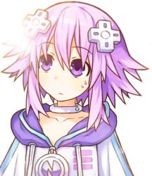 10s 1girl bad_id bad_pixiv_id choker d-pad female_focus hair_ornament highres home_frontier hood hoodie lens_flare looking_up neptune_(neptunia) neptune_(series) purple_eyes purple_hair short_hair solo sweat