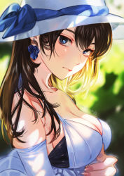Rule 34 | 1girl, blue eyes, blurry, breasts, brown hair, cleavage, day, depth of field, dress, earrings, eyelashes, fingernails, hair between eyes, halter dress, halterneck, hat, hat ribbon, highres, jewelry, large breasts, light blue dress, long fingernails, original, outdoors, ribbon, signature, skindentation, solo, umishima senbon, white hat