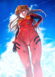 Rule 34 | &gt;:(, 1girl, bad id, bad nicoseiga id, blue eyes, blue sky, bodysuit, bracer, breasts, breath, brown hair, cloud, covered erect nipples, crotch, curvy, day, floating hair, foreshortening, from below, frown, gloves, gluteal fold, hair between eyes, hair ornament, hand on own hip, headgear, highres, isshi pyuma, long hair, looking at viewer, looking down, low angle, neon genesis evangelion, orange hair, outdoors, perspective, pilot suit, plugsuit, red bodysuit, serious, skin tight, sky, small breasts, solo, souryuu asuka langley, standing, tsurime, turtleneck, twintails, two side up, v-shaped eyebrows, wide hips, wind, wrist cuffs