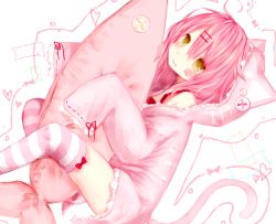 Rule 34 | 1girl, amashiro natsuki, animal hood, bad id, bad pixiv id, bow, button eyes, buttons, cat hood, cat tail, hair ornament, hairclip, heart, hood, hoodie, hugging object, long sleeves, nachi, original, paw print, pillow, pillow hug, pink hair, pink theme, solo, striped clothes, striped thighhighs, tail, thighhighs, yellow eyes