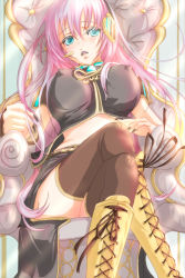 Rule 34 | 1girl, bad id, bad pixiv id, black nails, breasts, covered erect nipples, female focus, fingernails, green eyes, keepout, large breasts, crossed legs, long fingernails, long hair, megurine luka, nail polish, pink hair, sitting, solo, soramu, thighhighs, throne, vocaloid