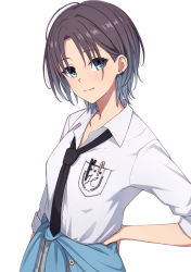 Rule 34 | 1girl, aqua eyes, asakura toru, black necktie, blue hair, breast pocket, closed mouth, clothes around waist, collared shirt, earrings, gradient hair, hand on own hip, highres, idolmaster, idolmaster shiny colors, jewelry, looking at viewer, multicolored hair, necktie, parted bangs, pen, pocket, purple hair, school uniform, shirt, short sleeves, simple background, smile, solo, upper body, white background, white shirt, wing collar, yahiro (epicopeiidae)