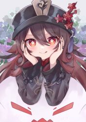 1girl :q black_nails blush boo_tao_(genshin_impact) brown_hair brown_hat brown_shirt closed_mouth engasaki_sakura flower flower-shaped_pupils genshin_impact ghost hair_between_eyes hat hat_flower highres hu_tao_(genshin_impact) long_hair long_sleeves looking_at_viewer red_eyes red_flower shirt smile solo symbol-shaped_pupils tongue tongue_out twintails very_long_hair