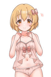 Rule 34 | 1girl, absurdres, babydoll, bare shoulders, blush, bow, brown eyes, brown hair, closed mouth, collarbone, dot nose, flat chest, hair bow, hair ribbon, hands up, highres, idolmaster, idolmaster cinderella girls, idolmaster cinderella girls starlight stage, koga koharu, looking at viewer, mariabowl, midriff, motion lines, navel, panties, pink babydoll, pink bow, pink panties, pink ribbon, ribbon, short hair, simple background, smile, solo, underwear, underwear only, white background