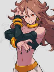 Rule 34 | 1girl, android 21, bare shoulders, black nails, black sleeves, black tube top, bracelet, breasts, brown hair, cleavage, detached sleeves, dragon ball, dragon ball fighterz, earrings, grey background, hoop earrings, jewelry, kemachiku, long hair, looking at viewer, nail polish, navel, pants, red eyes, simple background, solo, strapless, tube top, upper body, white pants