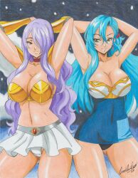 Rule 34 | 2022, 2girls, absurdres, arms up, blue hair, bra, braid, breasts, camilla (fire emblem), chloe (fire emblem), choker, cleavage, commission, earrings, fire emblem, fire emblem engage, fire emblem fates, green eyes, hair ornament, hair over one eye, highres, jewelry, large breasts, long hair, multiple girls, navel, nintendo, panties, pink eyes, purple hair, ravernclouk design, skirt, strapless, strapless bra, traditional media, underwear