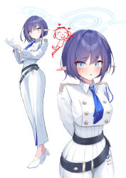 Rule 34 | 1girl, absurdres, adjusting clothes, adjusting gloves, aoi (blue archive), arms behind back, doodle sensei (blue archive), blue archive, blue eyes, blue hair, blue halo, blue necktie, blush, bocchi (kuropom7), breasts, collared shirt, commentary request, cropped jacket, earclip, epaulettes, full body, gloves, halo, highres, holster, jacket, long sleeves, looking at viewer, looking down, medium breasts, mole, mole under eye, multiple views, necktie, open mouth, pants, pointy ears, sensei (blue archive), shirt, short hair, simple background, slit pupils, standing, white background, white footwear, white gloves, white jacket, white pants, white shirt, white uniform