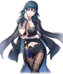 Rule 34 | 1girl, arm guards, black cape, black jacket, black pantyhose, black shorts, blue eyes, blue hair, blush, breasts, brown pantyhose, byleth (female) (fire emblem), byleth (fire emblem), cape, cleavage cutout, closed eyes, closed mouth, clothing cutout, collar, commentary request, cropped legs, crossed legs, curvy, dagger, detached collar, fire emblem, fire emblem: three houses, green hair, hair between eyes, hand up, highres, jacket, jacket on shoulders, knife, lace, lace-trimmed legwear, lace trim, large breasts, long hair, looking at viewer, navel, navel cutout, nintendo, pantyhose, pantyhose under shorts, ririko (zhuoyandesailaer), short shorts, shorts, simple background, smile, solo, stomach, thighs, weapon, white background, white collar