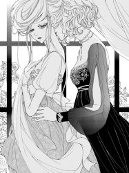 Rule 34 | 2girls, art nouveau, black vs white, couple, curtains, dress, flower, formal, gown, greyscale, hair up, half-closed eyes, hand on own chest, holding, imminent kiss, jewelry, kiss, kissing neck, long hair, long sleeves, monochrome, multiple girls, necklace, original, parted lips, pearl necklace, puffy long sleeves, puffy sleeves, rose, short hair, sizh, wavy hair, window, yuri