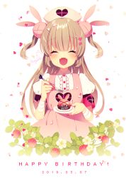 Rule 34 | 1girl, armband, blush, brown hair, cake, closed eyes, commentary request, dated, fangs, fingernails, food, fruit, hair ornament, happy birthday, hat, highres, long hair, mamyouda, natori sana, nurse cap, open mouth, petals, rabbit hair ornament, sana channel, signature, solo, spork, strawberry, virtual youtuber, white background