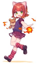 Rule 34 | 1girl, animal ears, annie (league of legends), blunt bangs, child, fake animal ears, fire, full body, green eyes, holding, holding stuffed toy, kneehighs, league of legends, leg up, looking at viewer, miniskirt, open mouth, pleated skirt, purple skirt, red hair, red socks, shoes, short hair, short sleeves, simple background, skirt, smile, socks, solo, striped clothes, striped socks, stuffed toy, tibbers, uso (ameuzaki), vest, white background