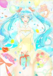 Rule 34 | 1girl, absurdly long hair, anniversary, aqua eyes, aqua hair, artist name, artist request, bare shoulders, blue eyes, blue hair, bow, box, collared shirt, dress, female focus, gift, gift box, hatsune miku, long hair, long sleeves, looking at viewer, red bow, rindou (pixiv7653969), shirt, smile, solo, stuffed animal, stuffed toy, teddy bear, twintails, very long hair, vocaloid, yellow dress