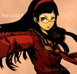 Rule 34 | 1girl, amagi yukiko, atlus, black hair, brown eyes, english text, female focus, glasses, hairband, long hair, mineta naoki, persona, persona 4, school uniform, serafuku, solo