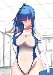Rule 34 | 1girl, adjusting hair, ahoge, arm up, azur lane, bad id, bad pixiv id, bakuretsu tenshi, bangsy, bare shoulders, blue hair, blush, breasts, cleavage, collarbone, competition swimsuit, covered navel, cowboy shot, dripping, elbow gloves, gloves, gluteal fold, groin, hand in own hair, highres, holding, large breasts, long hair, looking at viewer, one-piece swimsuit, pink eyes, ponytail, shiworiita, skin tight, solo, st. louis (azur lane), standing, swimsuit, tsurime, water, wet, wet clothes, wet swimsuit, white gloves, white one-piece swimsuit