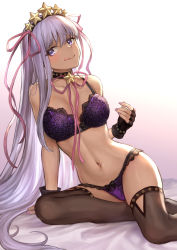 Rule 34 | 1girl, alternate costume, arm support, bb (fate), bb (fate) (all), bb (swimsuit mooncancer) (fate), bb (swimsuit mooncancer) (second ascension) (fate), bed, bed sheet, black gloves, black thighhighs, bra, breasts, commentary, dated, earrings, fate/grand order, fate (series), fingerless gloves, floral print, gloves, gold trim, gradient background, hair ornament, hairband, head tilt, highleg, highleg panties, highres, jewelry, large breasts, licking lips, long hair, looking at viewer, mashuu (neko no oyashiro), nail polish, navel, on bed, panties, purple bra, purple eyes, purple hair, purple panties, purple ribbon, ribbon, rose print, signature, sitting, solo, star (symbol), star earrings, star hair ornament, tan, thighhighs, tongue, tongue out, twitter username, underwear, underwear only, very long hair