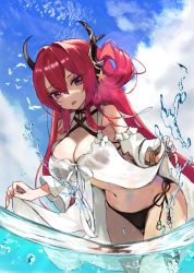 Rule 34 | 1girl, :p, arknights, bare shoulders, bikini, black bikini, black ribbon, blue sky, bracelet, breasts, cleavage, criss-cross halter, day, detached sleeves, hair intakes, hair ornament, hair rings, halterneck, highres, holding, horns, jewelry, large breasts, leaning forward, long hair, long sleeves, looking at viewer, navel, official alternate costume, outdoors, purple eyes, red hair, ribbon, side-tie bikini bottom, sky, solo, star (symbol), star hair ornament, surtr (arknights), surtr (colorful wonderland) (arknights), swimsuit, swimsuit cover-up, thigh strap, tongue, tongue out, very long hair, wading pool, water, yuki (nanao yuki)