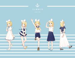 Rule 34 | 5girls, black shirt, black skirt, blonde hair, blouse, blue background, blue eyes, collar, copyright request, dress, english text, from side, hair ornament, hair ribbon, kagamine rin, multiple girls, neckerchief, open mouth, ribbon, sailor collar, sailor shirt, sandals, shirt, skirt, sleeveless, sleeveless shirt, smile, socks, standing, striped clothes, striped shirt, vocaloid, white dress, white ribbon, white shirt