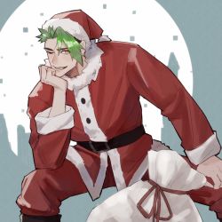 Rule 34 | 1boy, achilles (fate), christmas, fate/apocrypha, fate/grand order, fate (series), fur trim, green hair, haruakira, hat, highres, looking at viewer, male focus, one eye closed, open mouth, sack, santa costume, santa hat, smile, solo, yellow eyes