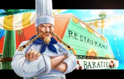 Rule 34 | 1boy, baratie, blonde hair, chef, crossed arms, east blue, facial hair, goatee, hat, male focus, one piece, red-leg zeff, restaurant, rinta one, ship, solo, tagme, watercraft