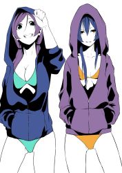 Rule 34 | 2girls, bikini, blue hair, collarbone, commentary request, cowboy shot, green eyes, hair between eyes, hood, hooded jacket, hoodie, jacket, long hair, looking at viewer, love live!, love live! school idol project, low twintails, multiple girls, open clothes, open hoodie, partially colored, purple hair, simple background, smile, sonoda umi, swimsuit, tojo nozomi, twintails, vice (kuronekohadokoheiku), yellow eyes