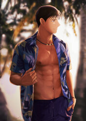 Rule 34 | 1boy, abs, absurdres, adjusting clothes, adjusting shirt, arm at side, artist name, black eyes, black hair, blue male swimwear, blue shirt, blue swim trunks, blurry, blurry background, bracelet, casual, closed mouth, collarbone, collared shirt, dark nipples, day, evening, fingernails, fullmetal alchemist, half-closed eyes, hand in pocket, hand up, hawaiian shirt, highres, jewelry, leaf, leaf print, light particles, light smile, looking afar, male focus, male swimwear, navel, necklace, nipples, open clothes, open shirt, outdoors, palm leaf, palm tree, palm tree print, pectorals, profile, roy mustang, shirt, short sleeves, sidelighting, spiked hair, sunlight, swept bangs, swim trunks, tree, urikurage, veins, veiny hands
