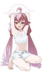 Rule 34 | 1girl, ahoge, armpits, arms up, bare legs, barefoot, beads, bikini, bikini skirt, blue archive, blush, breasts, dddd akagi, fang, feet, hair beads, hair ornament, halo, heterochromia, highres, hoshino (blue archive), hoshino (swimsuit) (blue archive), long hair, looking at viewer, navel, official alternate costume, pink hair, pleated skirt, simple background, skirt, small breasts, solo, sweatdrop, swimsuit, toenails, toes, twintails, very long hair, white background, white bikini