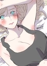 Rule 34 | 1girl, arm up, armpits, black tank top, blonde hair, blue eyes, blush, breasts, cleavage, collarbone, highres, komugi (mugiwaraclub), large breasts, looking at viewer, lying, persona, persona 5, signature, solo, takamaki anne, tank top, twitter username, upper body