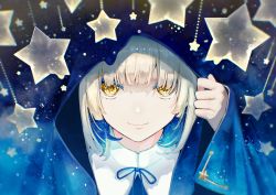 Rule 34 | 1girl, absurdres, arm support, blonde hair, blue ribbon, blue theme, blunt bangs, cape hold, galaxy, highres, hitoba, light smile, looking at viewer, medium hair, original, ribbon, sky, solo, star (sky), star (symbol), starry sky, yellow eyes