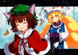 Rule 34 | 2girls, animal ear fluff, animal ears, animal hat, bad id, bad pixiv id, bare tree, black tail, blonde hair, blue background, blue tabard, blush stickers, brown hair, capelet, cat ears, cat tail, chen, dress, earrings, eighth note, fang, fox ears, fur-trimmed capelet, fur trim, green headwear, hands in opposite sleeves, hat, head tilt, jewelry, mob cap, multiple girls, multiple tails, musical note, ofuda, ofuda on clothes, outdoors, mob cap, qqqrinkappp, red capelet, red dress, short hair, single earring, skin fang, snow, tabard, tail, touhou, traditional media, tree, two tails, upper body, white dress, winter clothes, yakumo ran, yellow eyes