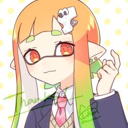 Rule 34 | blue suit, collar, collared shirt, commentary request, commission, earrings, formal, gradient hair, green hair, hair ornament, hairclip, inkling, inkling girl, inkling player character, inuowour, jewelry, long hair, looking at viewer, milestone celebration, multicolored hair, nintendo, orange hair, pointy ears, polka dot, polka dot background, red eyes, school uniform, shirt, signature, smile, splatoon (series), suit, thank you, two-tone hair, upper body, white background, white collar