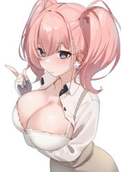Rule 34 | 1girl, atlanta (kancolle), blush, bra, breasts, brown hair, collared shirt, cropped torso, earrings, gloves, grey eyes, highres, jewelry, kantai collection, large breasts, long hair, open clothes, open shirt, sakieko, shirt, solo, star (symbol), star earrings, two side up, underwear, white background, white bra, white shirt