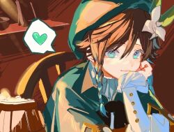 Rule 34 | 1boy, aqua eyes, aqua hair, bow, bowtie, braid, brown hair, cape, chin rest, elbow on table, flower, genshin impact, gradient hair, green cape, green headwear, hair flower, hair ornament, head on head, head rest, heart, indoors, long sleeves, looking at viewer, multicolored hair, on chair, sainome (imveryfinethx), shirt, sitting, sleeves past wrists, smile, solo, spoken heart, twin braids, upper body, venti (genshin impact), white flower, white shirt