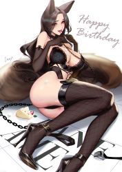 Rule 34 | 1girl, absurdres, animal ears, artist name, ass, black footwear, black hair, breasts, brown eyes, cake, cake slice, chain, character name, cian yo, collar, elbow gloves, food, fork, fox ears, fox girl, fox tail, gloves, haneame, happy birthday, high heels, highres, icing, large breasts, leg belt, long hair, original, tail, thighhighs, tile floor, tiles, tongue, tongue out
