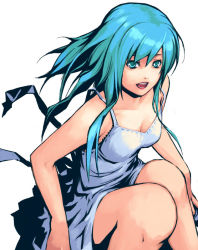 Rule 34 | 1girl, aqua eyes, aqua hair, breasts, cleavage, dress, female focus, knees, long hair, medium breasts, open mouth, simple background, sitting, solo, white background, yuuji (and)