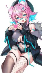 Rule 34 | 1girl, animal ear fluff, bandaid, bandaid on face, bandaid on nose, black jacket, black shorts, black thighhighs, blue eyes, blue hair, blush, breasts, cleavage cutout, clothing cutout, commentary, crop top, crossed bangs, dog girl, dog tail, ear down, fur-trimmed jacket, fur-trimmed shorts, fur trim, hair between eyes, hair intakes, heart, heart hands, highres, jacket, large breasts, looking at viewer, midriff, navel, open clothes, open jacket, pink hair, short hair, shorts, simple background, single fishnet legwear, single thighhigh, solo, tail, thigh strap, thighhighs, thighs, vyugen, white background, yuniiho, yuniiho (vtuber)