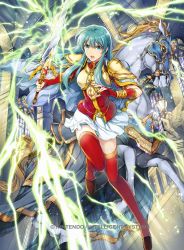 Rule 34 | &gt;:o, 1girl, :o, ahoge, aqua eyes, aqua hair, armor, bracelet, brown footwear, cape, copyright name, earrings, eirika (fire emblem), electricity, female focus, fingerless gloves, fire emblem, fire emblem: the sacred stones, fire emblem cipher, floating hair, full body, gloves, holding, holding sword, holding weapon, horse, indoors, jewelry, knees together feet apart, lightning, long hair, looking at viewer, matching hair/eyes, nintendo, open mouth, red gloves, red shirt, red thighhighs, round teeth, serious, shirt, shoes, short sleeves, sidelocks, skirt, solo, sword, teeth, thighhighs, weapon, white cape, white skirt, yamada koutarou