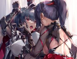 Rule 34 | 2girls, after kiss, back, backboob, backless outfit, black bodysuit, black cape, black gloves, bodysuit, breasts, cape, cleavage, cuffs, gloves, grey hair, hair between eyes, hair ornament, hand on another&#039;s cheek, hand on another&#039;s face, handcuffs, honkai (series), honkai impact 3rd, long sleeves, looking at another, multiple girls, open mouth, ponytail, purple eyes, purple hair, raiden mei, raiden mei (danzai spectramancer), raven (honkai impact), restrained, saliva, saliva trail, short hair, teeth, tongue, tongue out, uvula, yuri, zomzomzomsauce