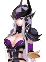 Rule 34 | 1girl, armor, breasts, cleavage, ear protection, eyelashes, helmet, highres, hot dog, kumiko shiba, large breasts, league of legends, lips, nose, outstretched hand, pauldrons, purple eyes, shoulder armor, silver hair, solo, syndra