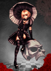 Rule 34 | 1girl, absurdres, blonde hair, blood, cleavage cutout, clothing cutout, detached sleeves, dress, european clothes, female focus, flower, full body, gothic lolita, highres, lolita fashion, original, red eyes, rose, seppy, short hair, skull, solo, striped clothes, striped thighhighs, thighhighs, umbrella, zettai ryouiki