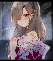 Rule 34 | 1girl, alternate costume, arashio (kancolle), bad id, bad twitter id, black border, blush, border, brown eyes, brown hair, floral print, hair over one eye, highres, japanese clothes, kantai collection, kimono, long hair, messy hair, off shoulder, one-hour drawing challenge, parted lips, rain, solo, sweat, tsunonigau, twitter username, upper body, window