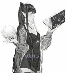 Rule 34 | 1girl, artist name, black hair, book, breasts, choker, collarbone, commission, crescent, double bun, dress, fingernails, from side, greyscale, hair bun, highres, holding, holding book, holding skull, long hair, looking away, monochrome, open book, original, parted lips, see-through, see-through sleeves, short dress, sidelocks, simple background, skull, small breasts, solo, standing, thighhighs, upper body, yujurro, zettai ryouiki