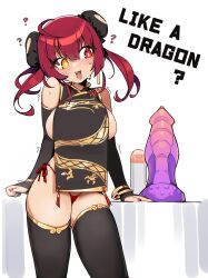 Rule 34 | 1girl, ?, absurdres, bare shoulders, black thighhighs, blush, bracelet, breasts, bright pupils, bun cover, cowboy shot, detached sleeves, dildo, dragon dildo, dragon print, english text, fang, hair between eyes, heterochromia, highres, hololive, houshou marine, jewelry, large breasts, long hair, open mouth, panties, penguru 086, red eyes, red hair, red panties, sex toy, sideboob, solo, thighhighs, underwear, virtual youtuber, white background, white pupils, yellow eyes